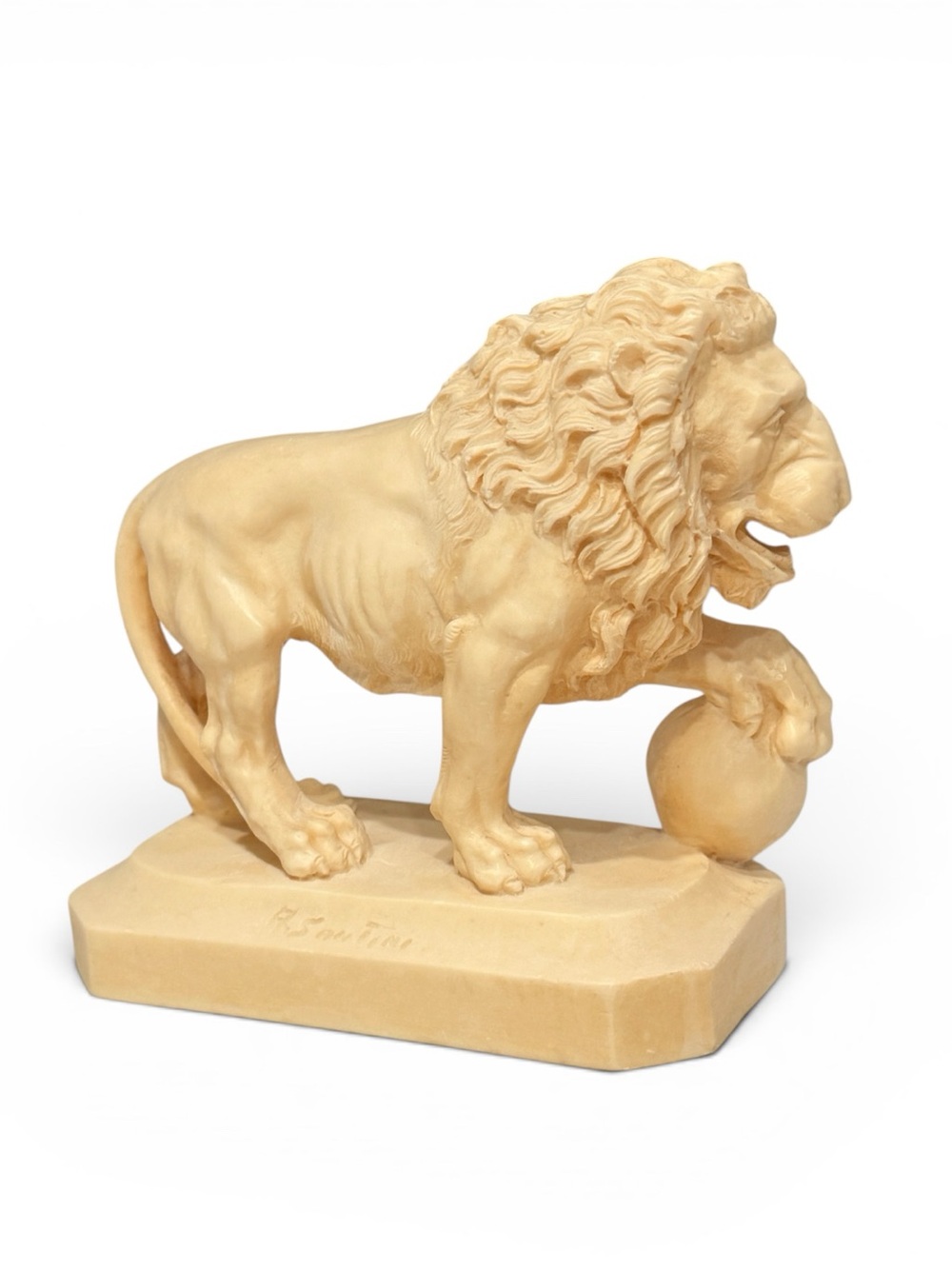 Italian A. Santini Lion Sculpture – Ivory-Tone Molded Marble, Signed Vintage Art